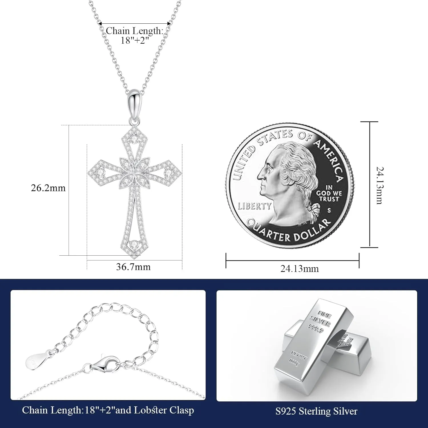 Moissanite Cross Necklace for Women Mom Jesus D Color VVS1 925 Sterling Silver 18k White Gold Plated Chain Crucifix Pendant Necklace Jewelry Christian Religious Faith Gift