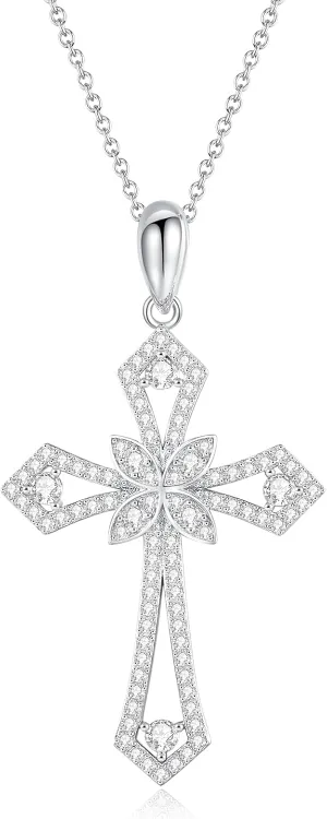 Moissanite Cross Necklace for Women Mom Jesus D Color VVS1 925 Sterling Silver 18k White Gold Plated Chain Crucifix Pendant Necklace Jewelry Christian Religious Faith Gift