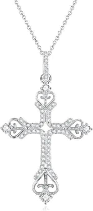 Moissanite Cross Necklace for Women Mom Jesus D Color VVS1 925 Sterling Silver 18k White Gold Plated Chain Crucifix Pendant Necklace Jewelry Christian Religious Faith Gift