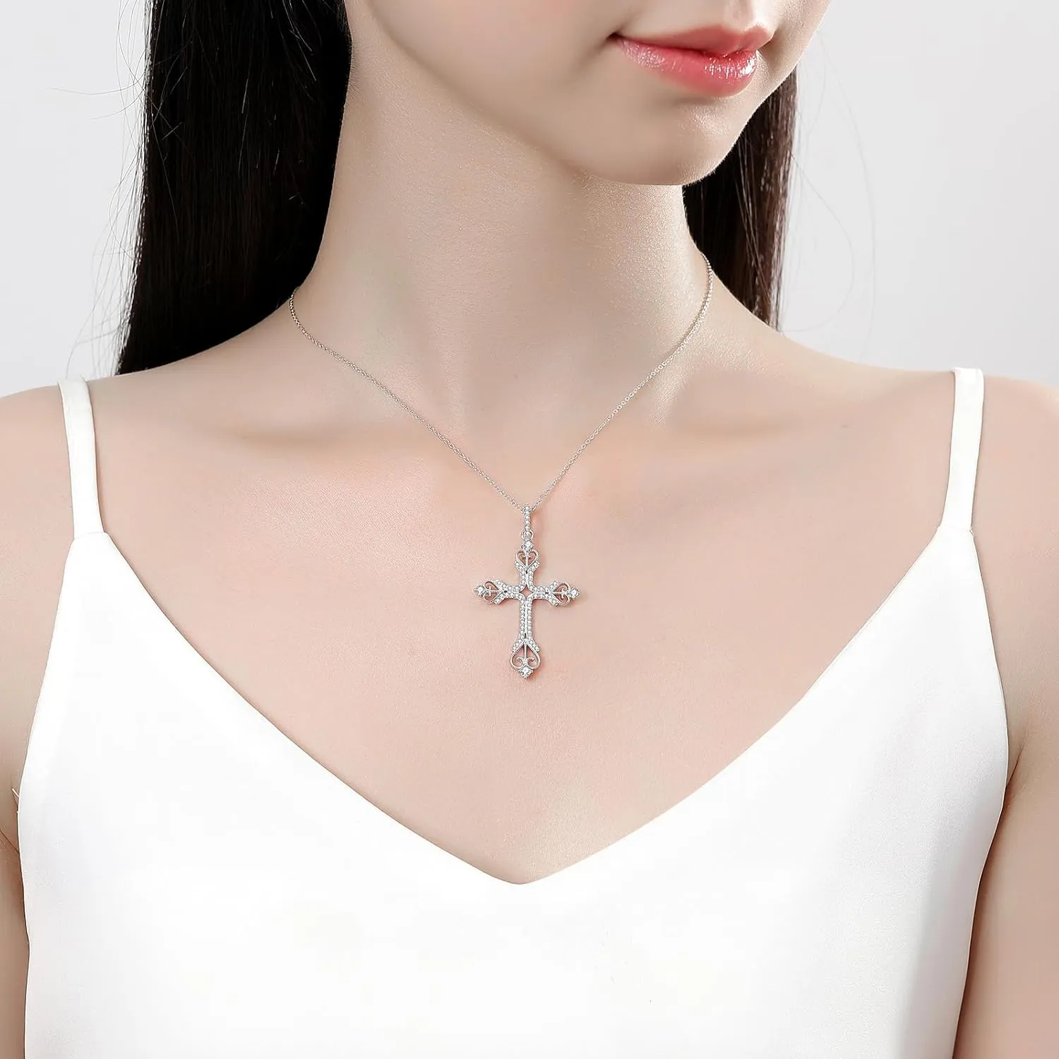 Moissanite Cross Necklace for Women Mom Jesus D Color VVS1 925 Sterling Silver 18k White Gold Plated Chain Crucifix Pendant Necklace Jewelry Christian Religious Faith Gift
