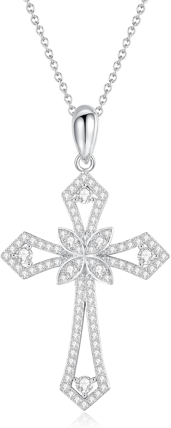 Moissanite Cross Necklace for Women Mom Jesus D Color VVS1 925 Sterling Silver 18k White Gold Plated Chain Crucifix Pendant Necklace Jewelry Christian Religious Faith Gift