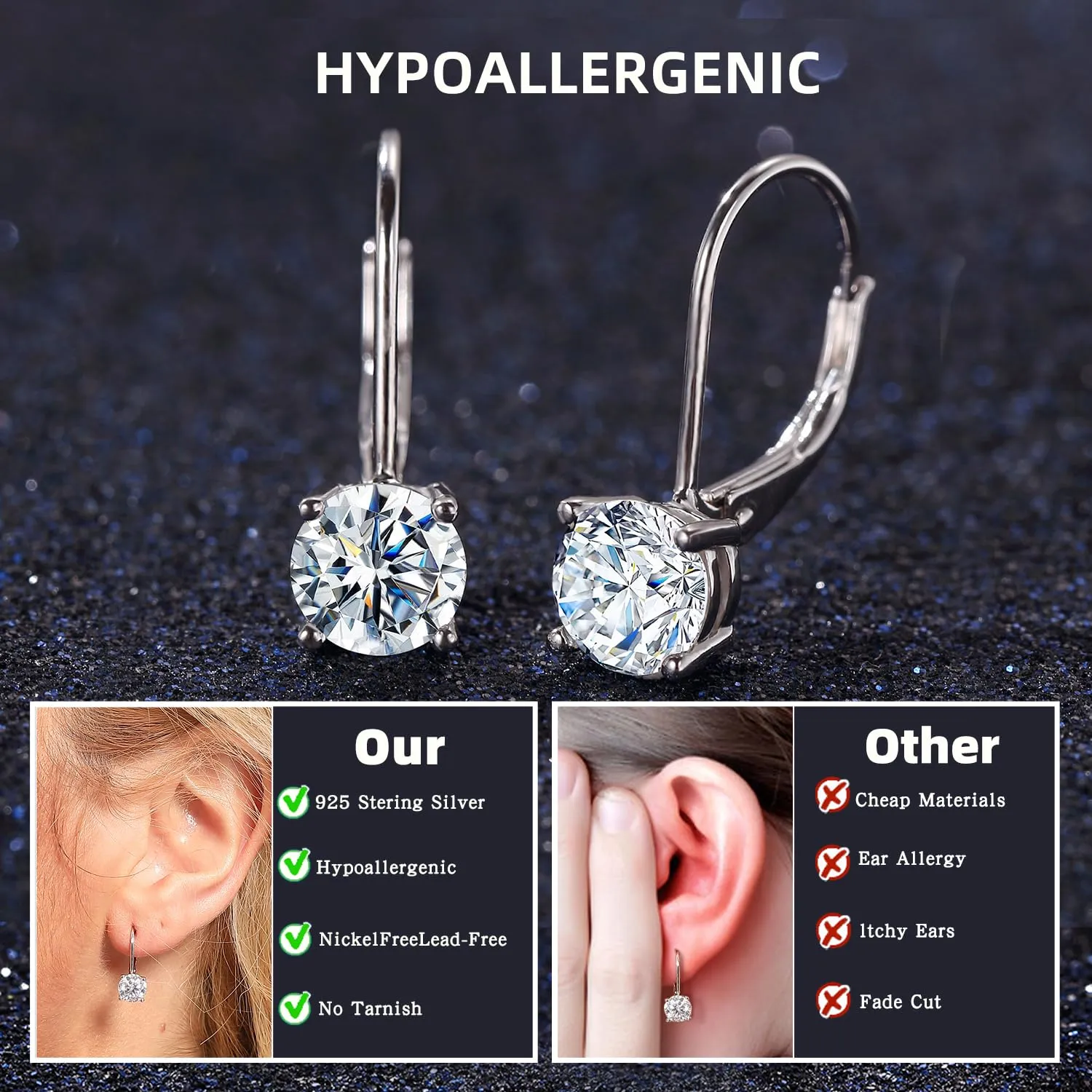 Moissanite Earrings for Women 1.0ct-2.0ct D Color,18K White Gold Plated Sterling Silver Dangle Earrings, Leverback Drop Earrings Jewelry for Gifts(1.0ct*2)