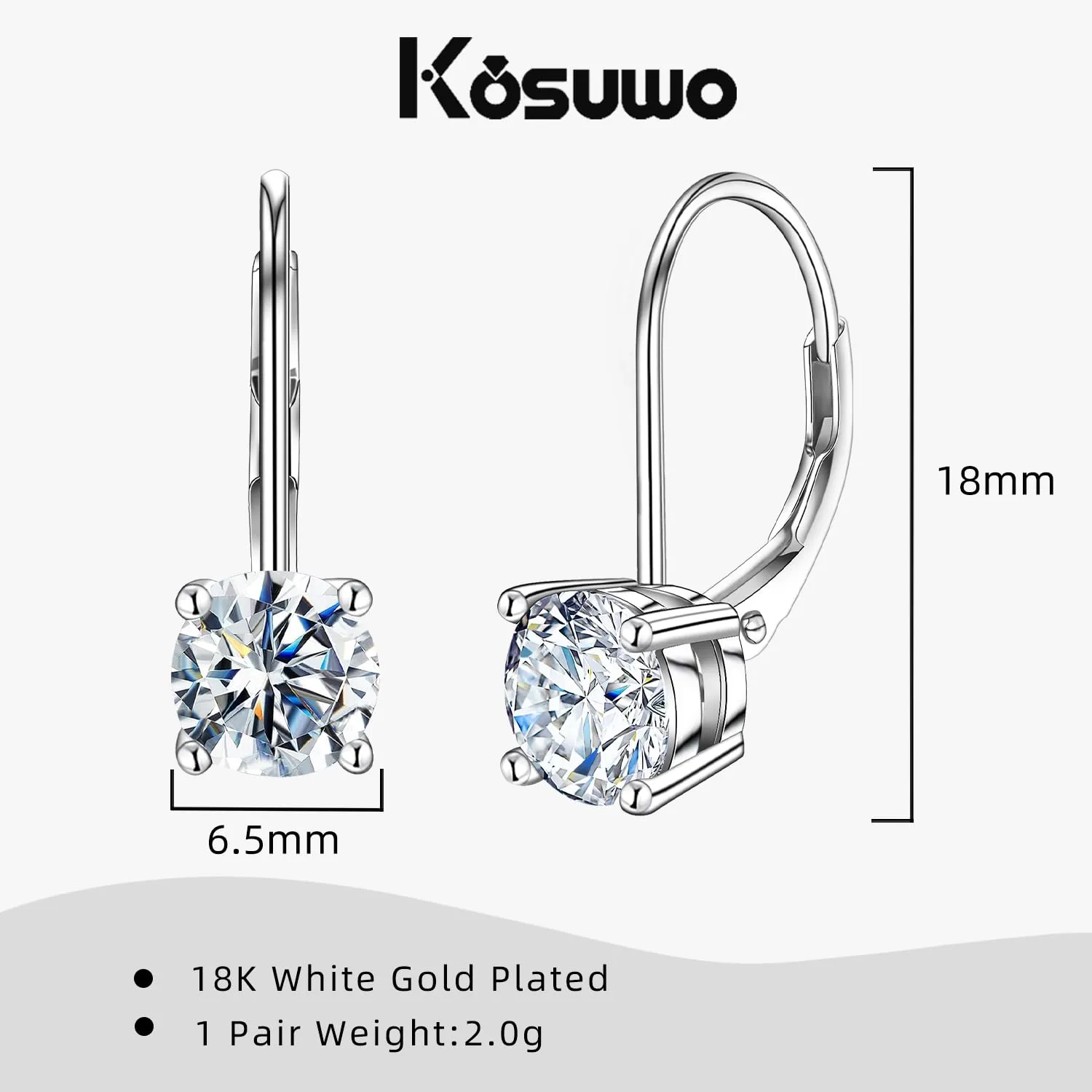 Moissanite Earrings for Women 1.0ct-2.0ct D Color,18K White Gold Plated Sterling Silver Dangle Earrings, Leverback Drop Earrings Jewelry for Gifts(1.0ct*2)