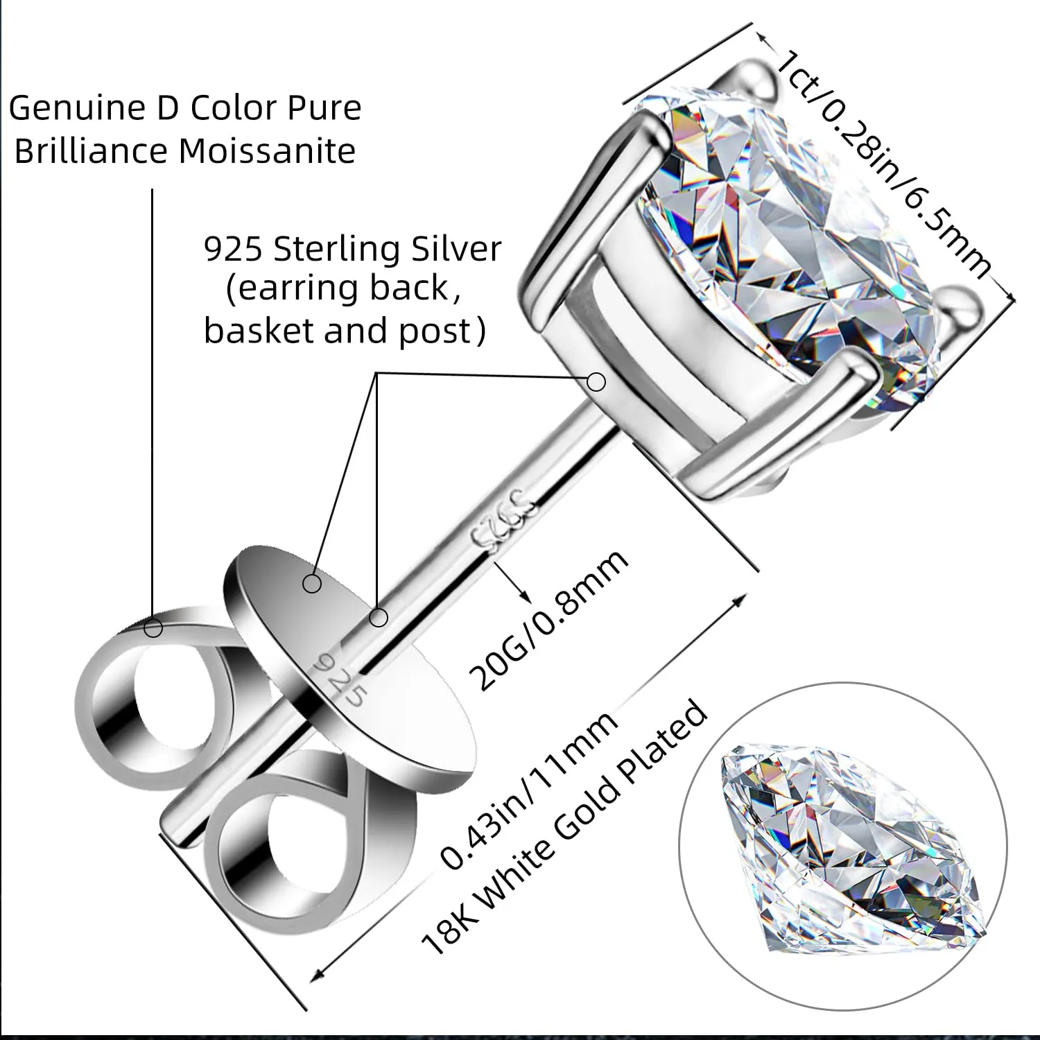 Moissanite Stud Earrings 0.3ct-2.0CT D Color,GRA 925 Sterling Silver Earrings for Men 18K White Gold Plating Earrings for Women,wedding earrings(1.0ct*2)