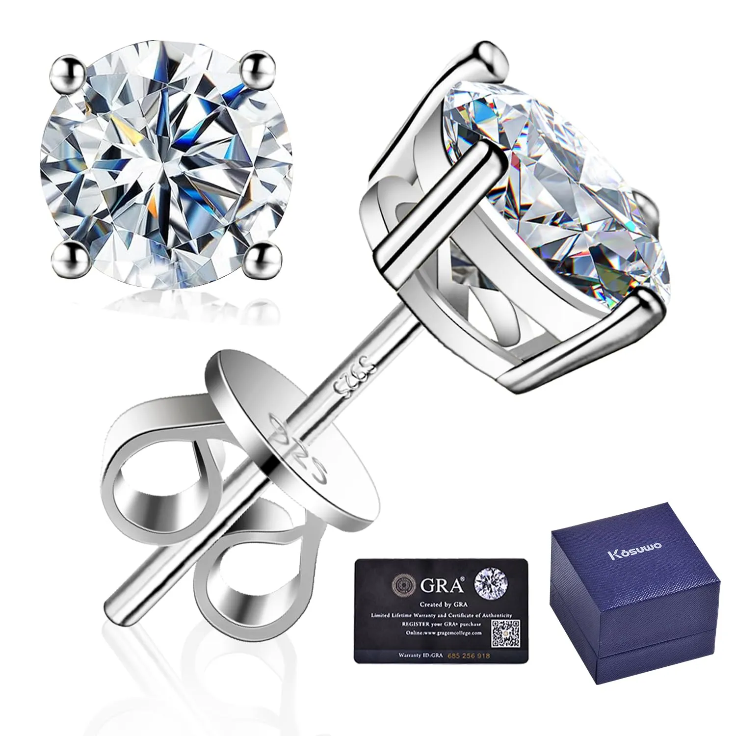 Moissanite Stud Earrings 0.3ct-2.0CT D Color,GRA 925 Sterling Silver Earrings for Men 18K White Gold Plating Earrings for Women,wedding earrings(1.0ct*2)