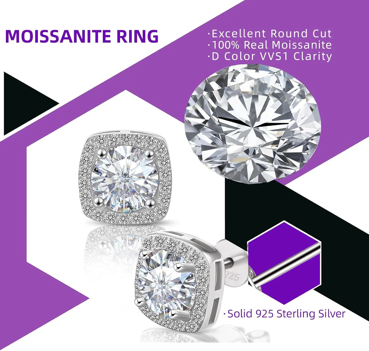 Moissanite Stud Earrings 1-2ct D Color VVS1 Clarity Round Cut 925 Sterling Silver Moissanite Earrings with 18K White Gold Plated Earrings for Women Men