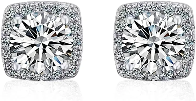 Moissanite Stud Earrings 1-2ct D Color VVS1 Clarity Round Cut 925 Sterling Silver Moissanite Earrings with 18K White Gold Plated Earrings for Women Men