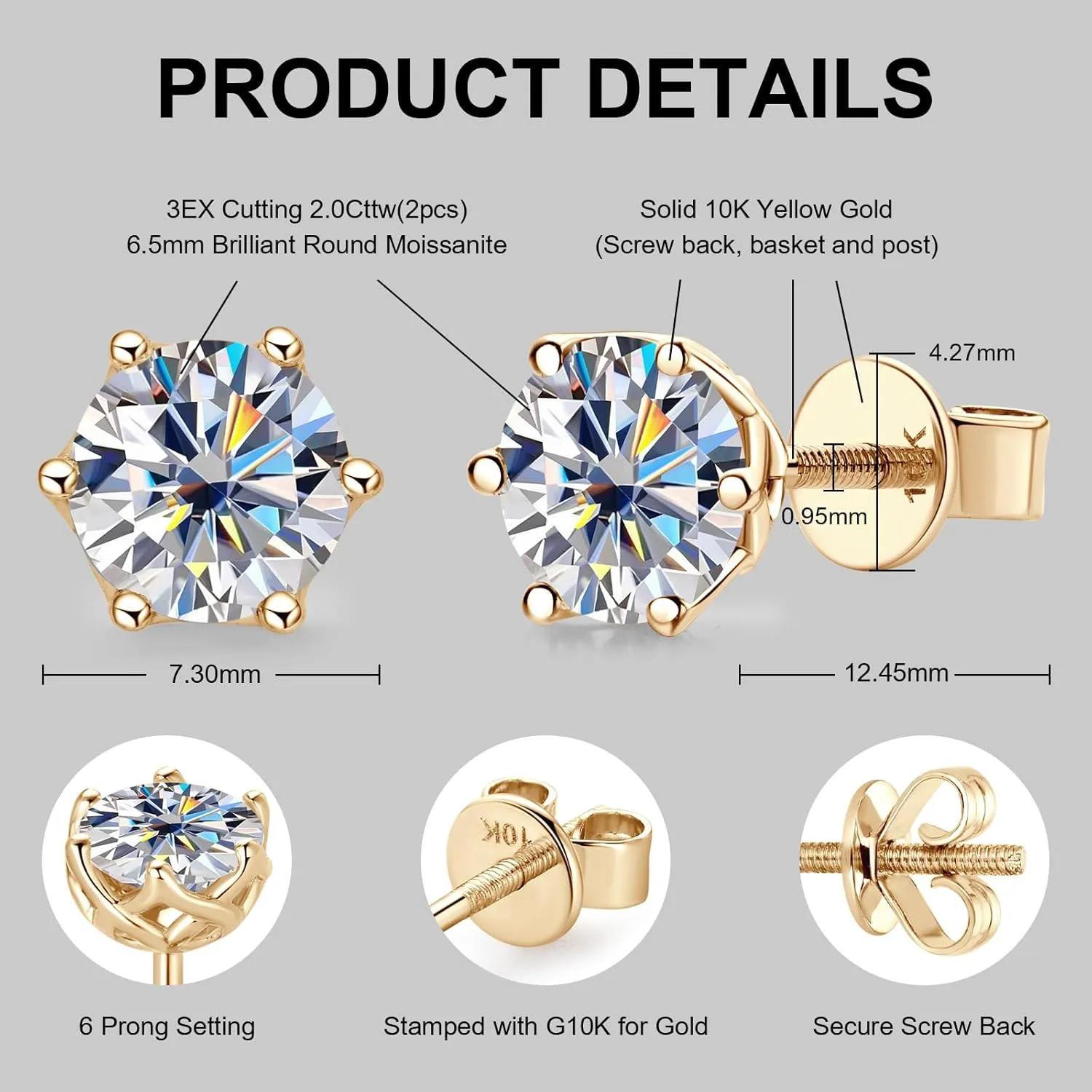 Moissanite Stud Earrings for Men, 10K Real Gold Earrings for Women, D Color VVS1 Round Cut 1CT/2CT Lab Created Solitaire Moissanite Earring Studs Solid Gold Screw Back, Jewelry Gift for Women Men