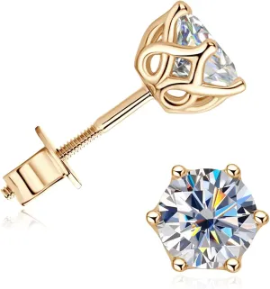 Moissanite Stud Earrings for Men, 10K Real Gold Earrings for Women, D Color VVS1 Round Cut 1CT/2CT Lab Created Solitaire Moissanite Earring Studs Solid Gold Screw Back, Jewelry Gift for Women Men
