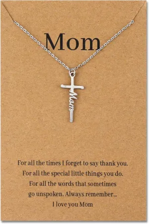Mom Cross Necklace for Women Silver Mom Necklace with Message Card Birthday Gifts for Mom from Daughter Son Christian Jewelry Religious Gifts for Mom Christmas Gifts for Mom Mother's Day Gifts