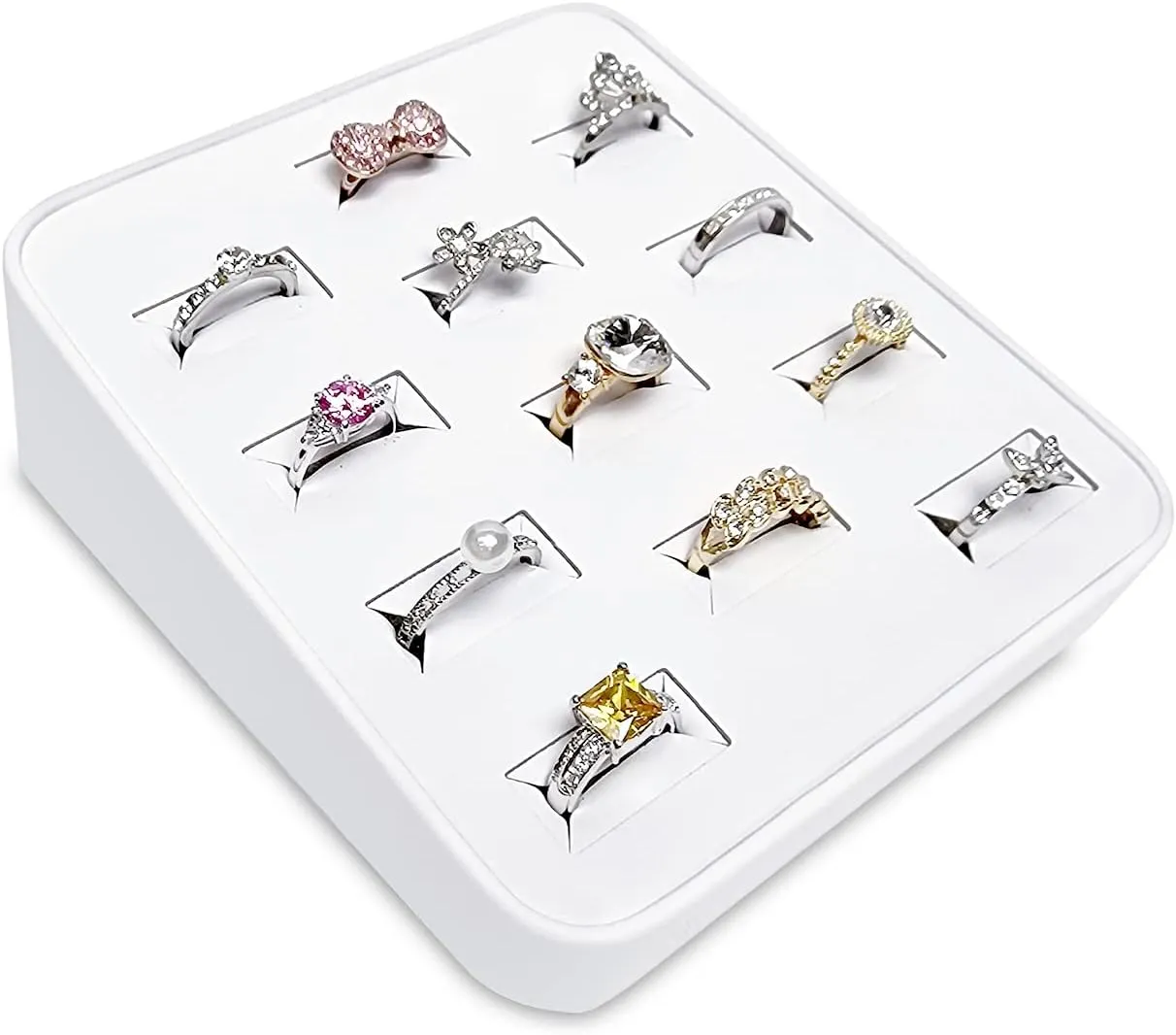 MOOCA 12 Slots Ring Tray Display, Slotted Ring Showcase Display Jewelry Organizer, Jewelry Tray for Showcase trade Show, Premium White Leatherette