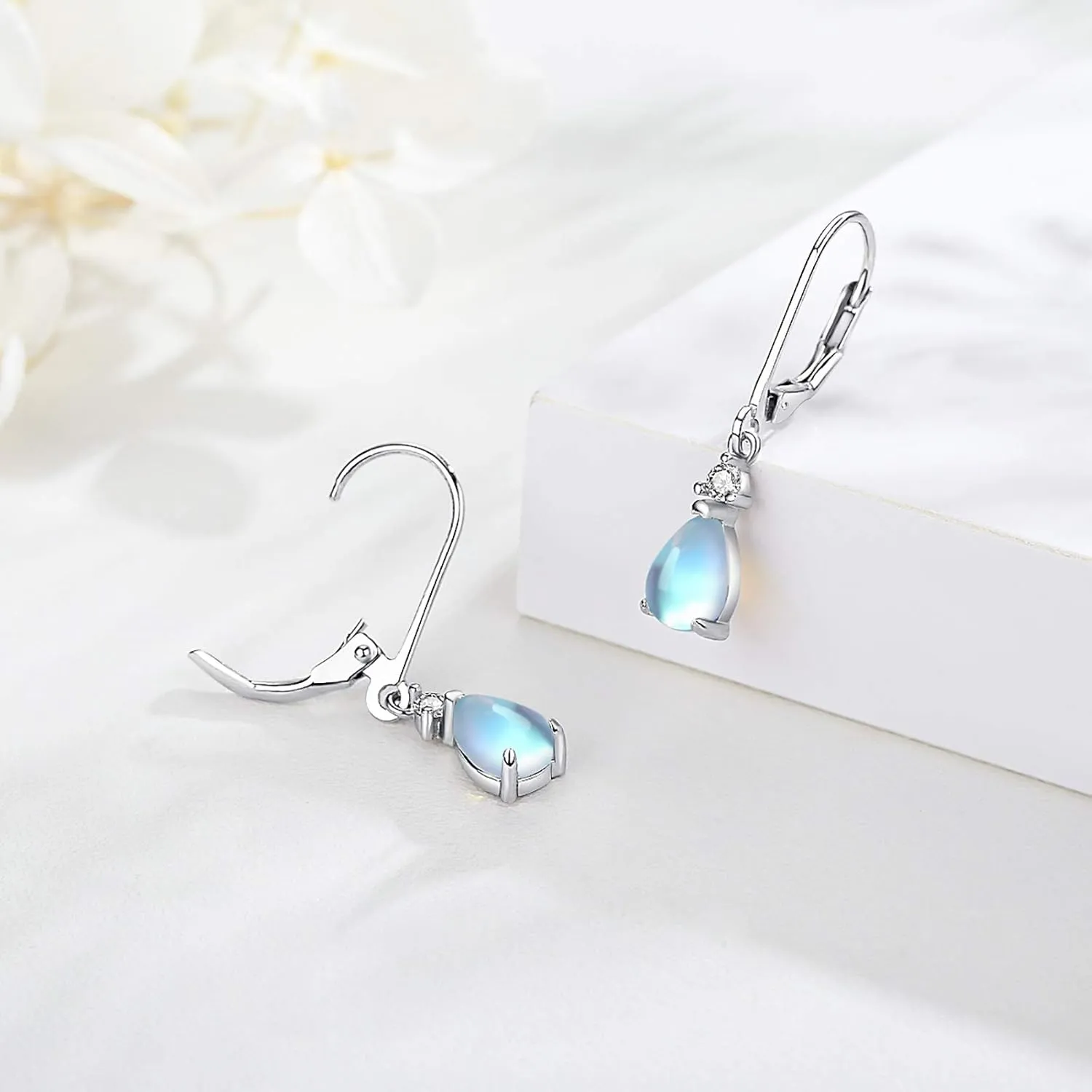 Moonstone Leverback Earrings Turquoise/Moonstone/Cubic Zirconia Birthstone Leverback Earrings for Women Sterling Silver Teardrop Bridal Dangle Dewdrop Girls