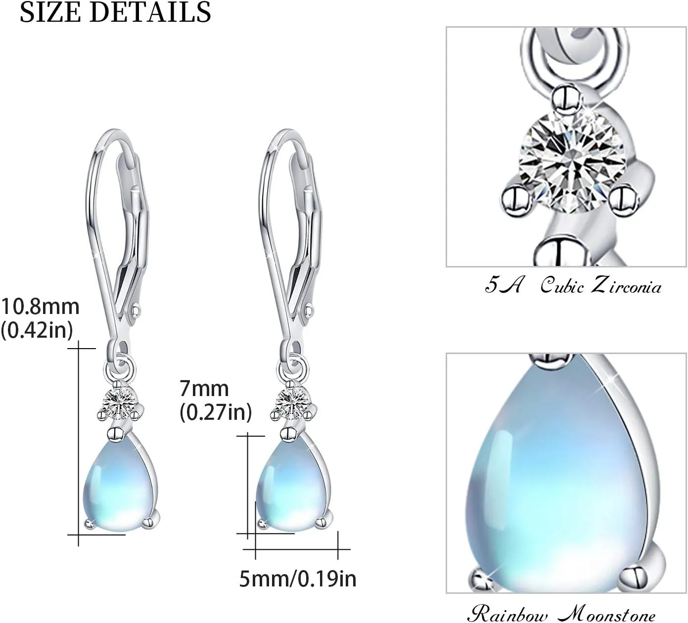 Moonstone Leverback Earrings Turquoise/Moonstone/Cubic Zirconia Birthstone Leverback Earrings for Women Sterling Silver Teardrop Bridal Dangle Dewdrop Girls