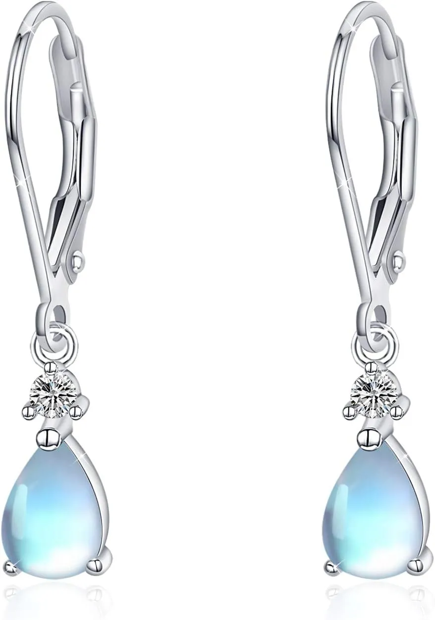 Moonstone Leverback Earrings Turquoise/Moonstone/Cubic Zirconia Birthstone Leverback Earrings for Women Sterling Silver Teardrop Bridal Dangle Dewdrop Girls