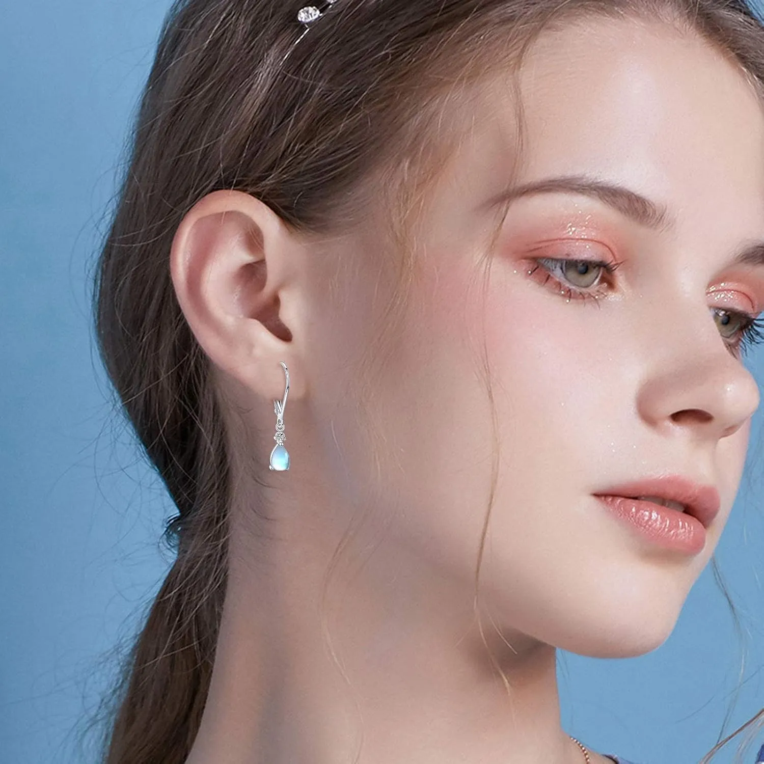 Moonstone Leverback Earrings Turquoise/Moonstone/Cubic Zirconia Birthstone Leverback Earrings for Women Sterling Silver Teardrop Bridal Dangle Dewdrop Girls