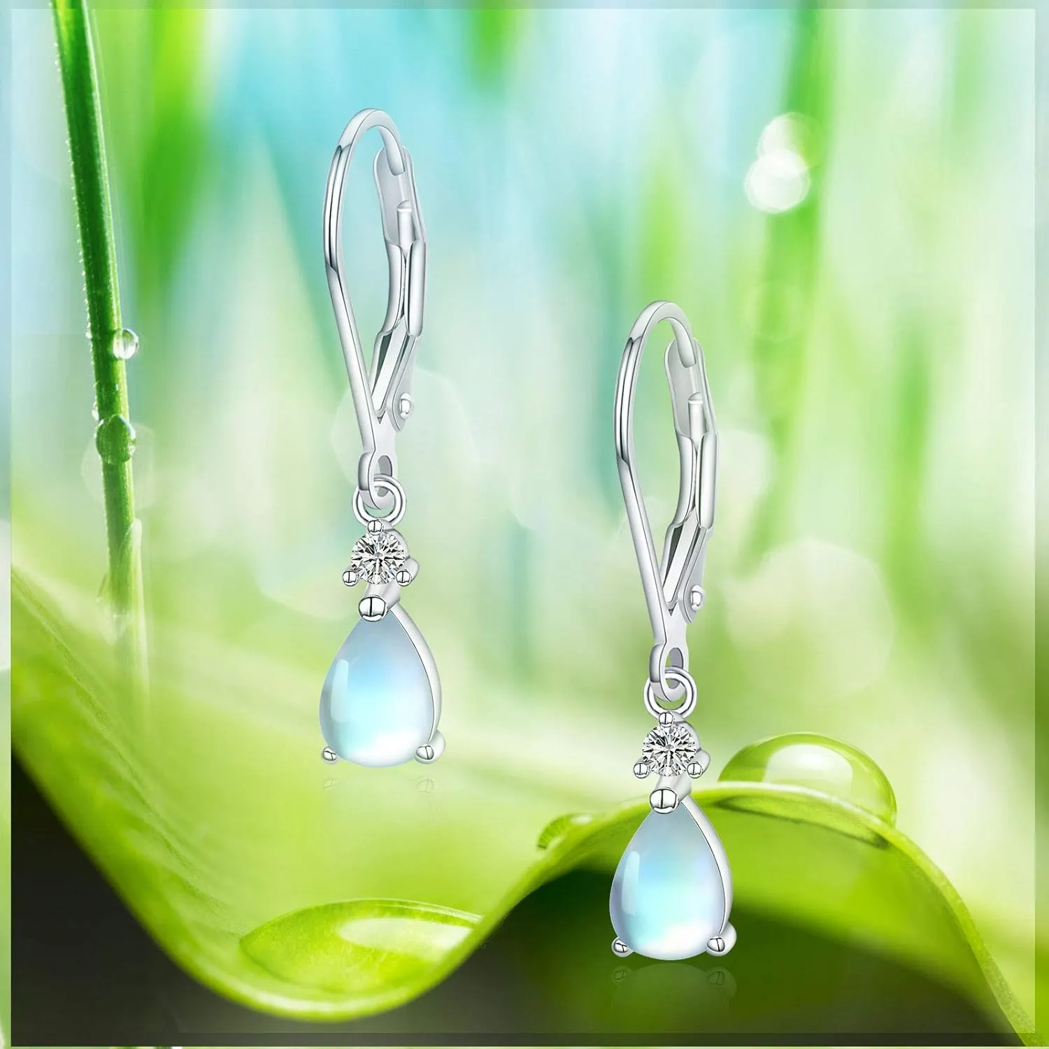 Moonstone Leverback Earrings Turquoise/Moonstone/Cubic Zirconia Birthstone Leverback Earrings for Women Sterling Silver Teardrop Bridal Dangle Dewdrop Girls