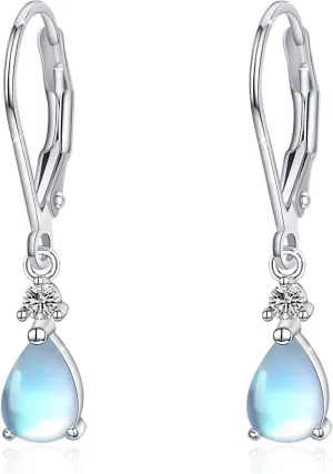 Moonstone Leverback Earrings Turquoise/Moonstone/Cubic Zirconia Birthstone Leverback Earrings for Women Sterling Silver Teardrop Bridal Dangle Dewdrop Girls