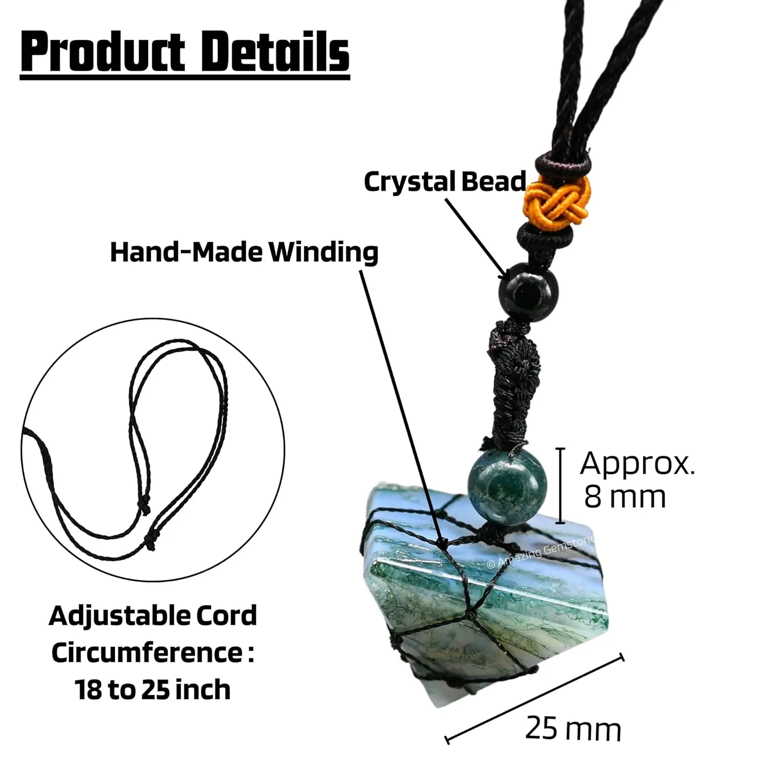 Moss Agate Necklace Crystal Jewelry for Men Women : Stylish Natural Gemstone Men Jewelry, Unique Women Men's Necklace with Crystal Stone Holder Necklace Pyramid (Black Macrame)