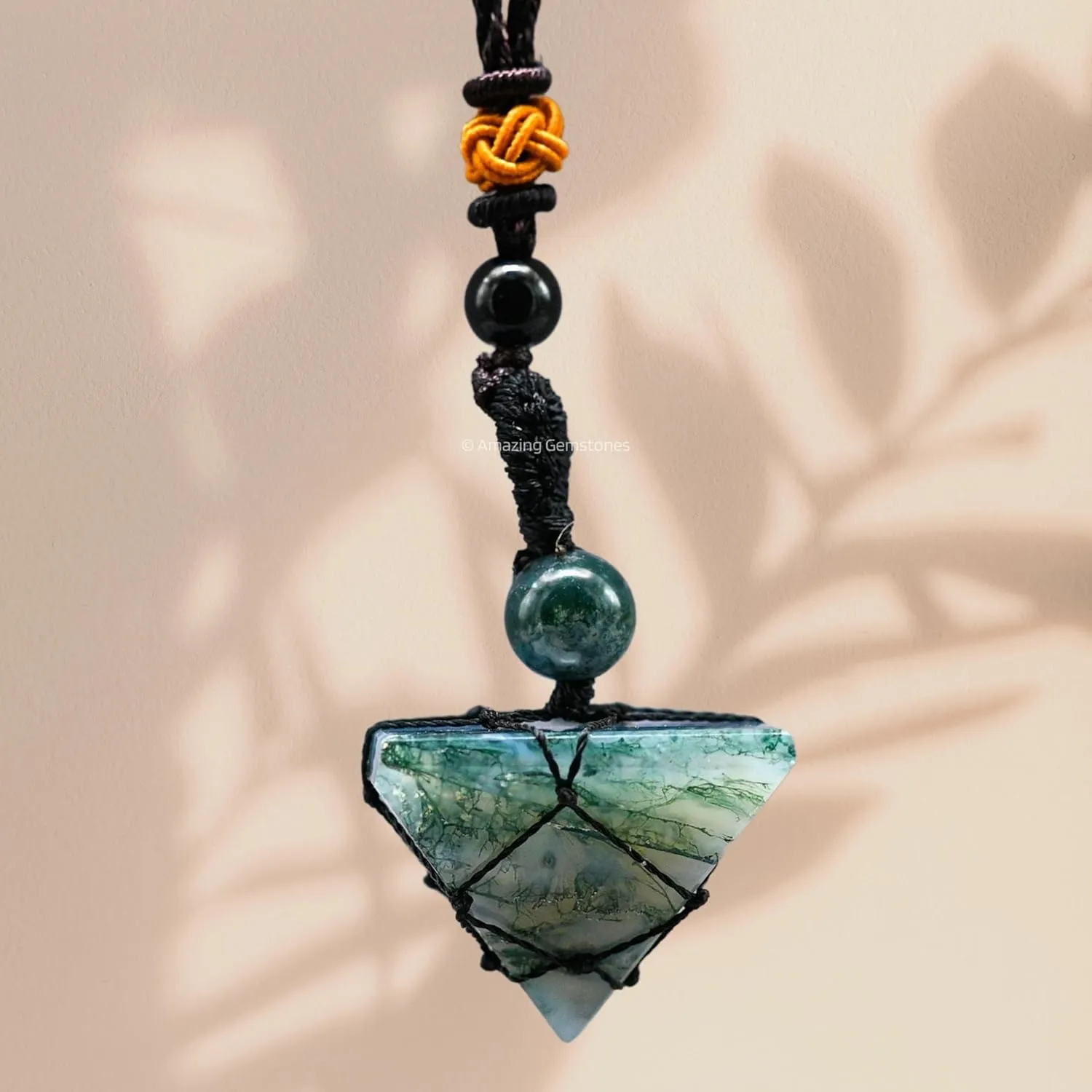 Moss Agate Necklace Crystal Jewelry for Men Women : Stylish Natural Gemstone Men Jewelry, Unique Women Men's Necklace with Crystal Stone Holder Necklace Pyramid (Black Macrame)