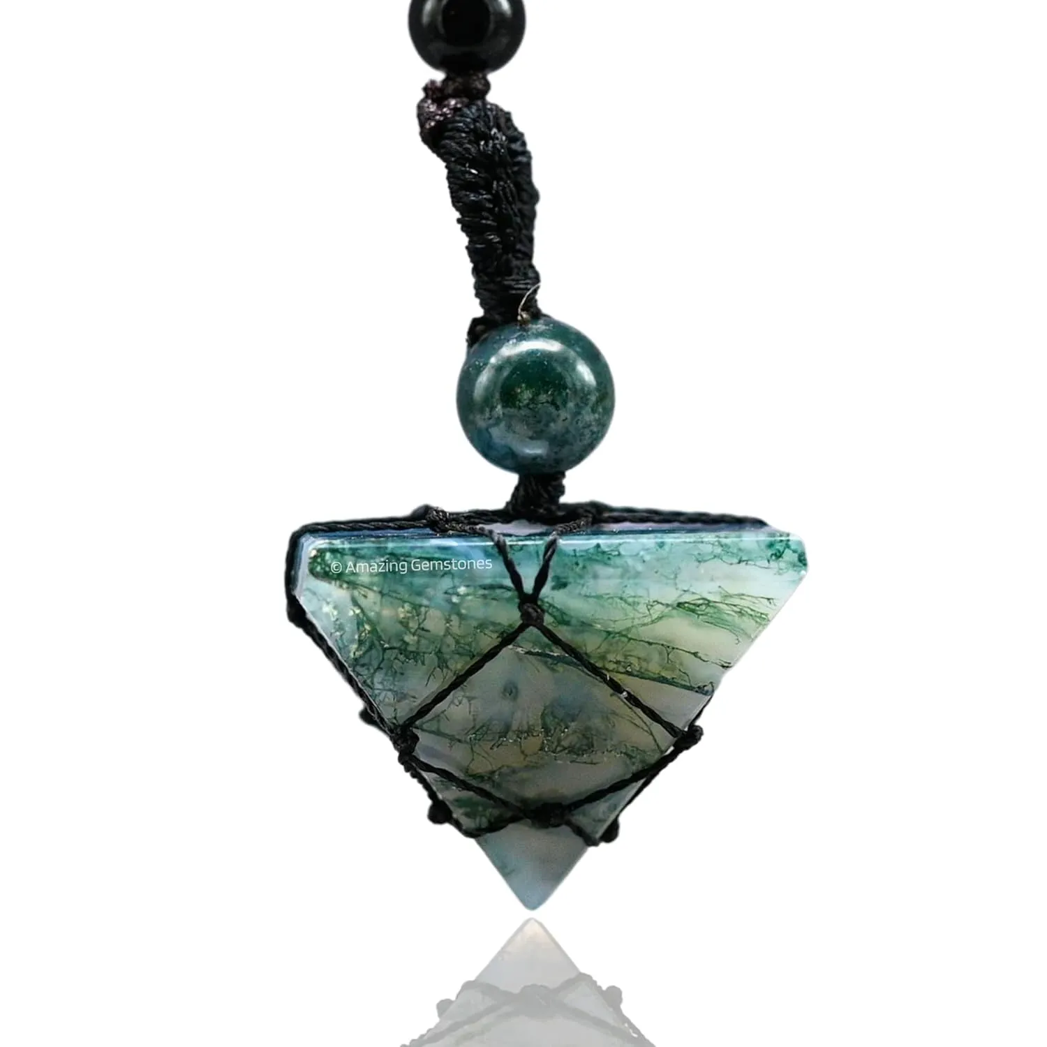 Moss Agate Necklace Crystal Jewelry for Men Women : Stylish Natural Gemstone Men Jewelry, Unique Women Men's Necklace with Crystal Stone Holder Necklace Pyramid (Black Macrame)