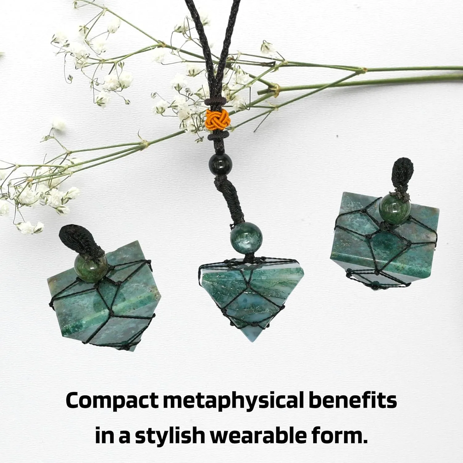 Moss Agate Necklace Crystal Jewelry for Men Women : Stylish Natural Gemstone Men Jewelry, Unique Women Men's Necklace with Crystal Stone Holder Necklace Pyramid (Black Macrame)