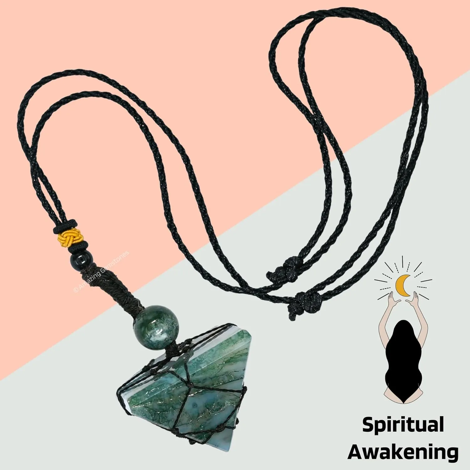Moss Agate Necklace Crystal Jewelry for Men Women : Stylish Natural Gemstone Men Jewelry, Unique Women Men's Necklace with Crystal Stone Holder Necklace Pyramid (Black Macrame)
