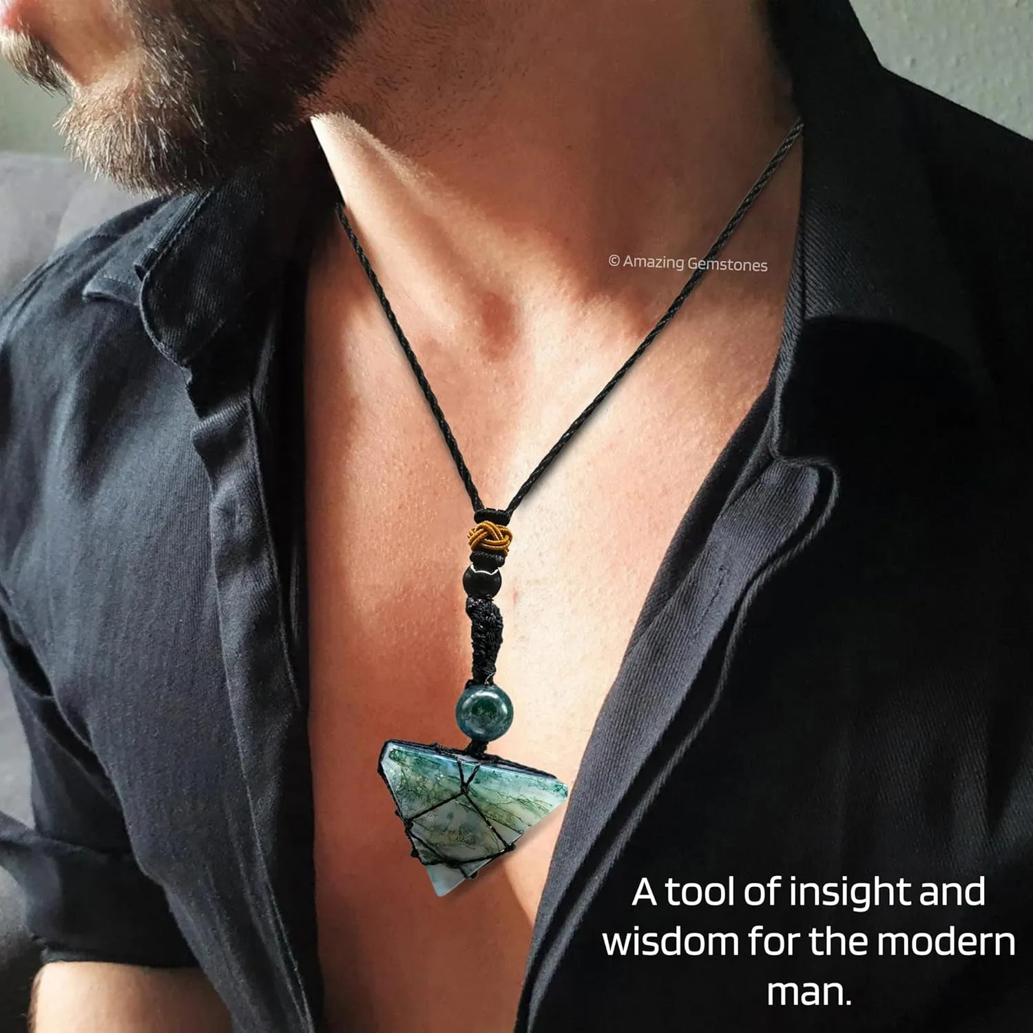 Moss Agate Necklace Crystal Jewelry for Men Women : Stylish Natural Gemstone Men Jewelry, Unique Women Men's Necklace with Crystal Stone Holder Necklace Pyramid (Black Macrame)