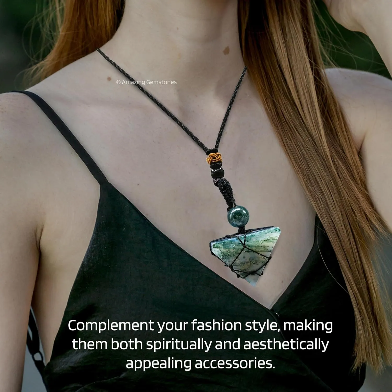 Moss Agate Necklace Crystal Jewelry for Men Women : Stylish Natural Gemstone Men Jewelry, Unique Women Men's Necklace with Crystal Stone Holder Necklace Pyramid (Black Macrame)