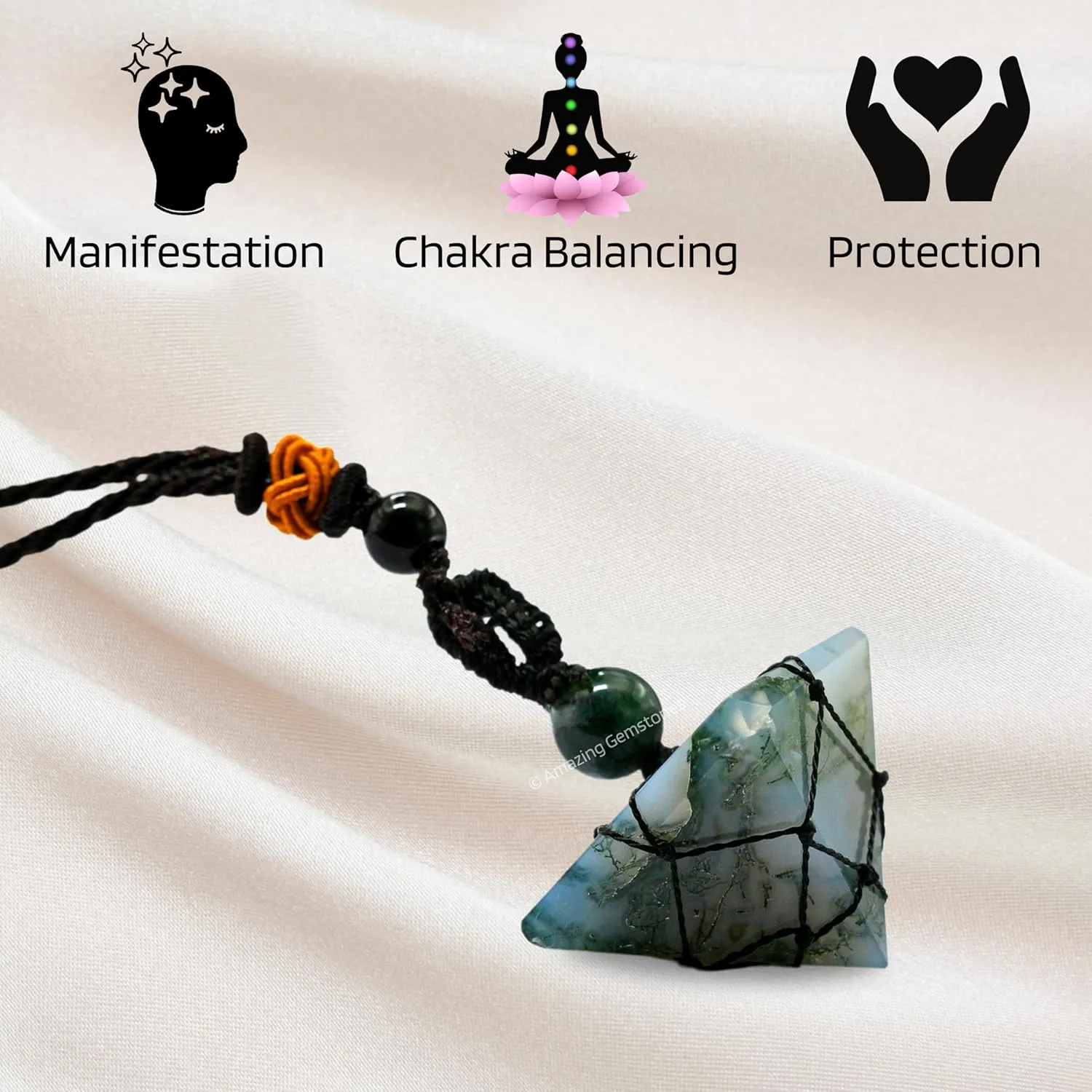 Moss Agate Necklace Crystal Jewelry for Men Women : Stylish Natural Gemstone Men Jewelry, Unique Women Men's Necklace with Crystal Stone Holder Necklace Pyramid (Black Macrame)