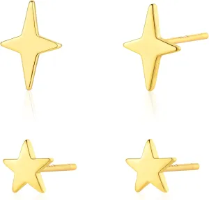 MTMY Gold Stud Earring for Women 2 Pairs of 14K Gold Plated Hypoallergenic Simple Small Stud Earring Set Tiny Bar, Circle, Heart, Triangle, Star, Crown, Flower Dainty Earrings Jewelry