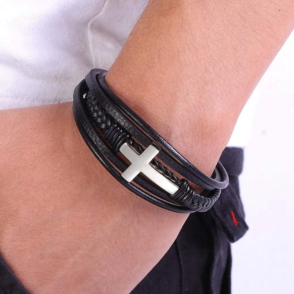 Multi-Layer Braided Leather Bracelets with Magnetic Clasp Mens Cuff Bracelets for Men Genuine Leather Bracelet Religious Leather Bracelets decorate Gift