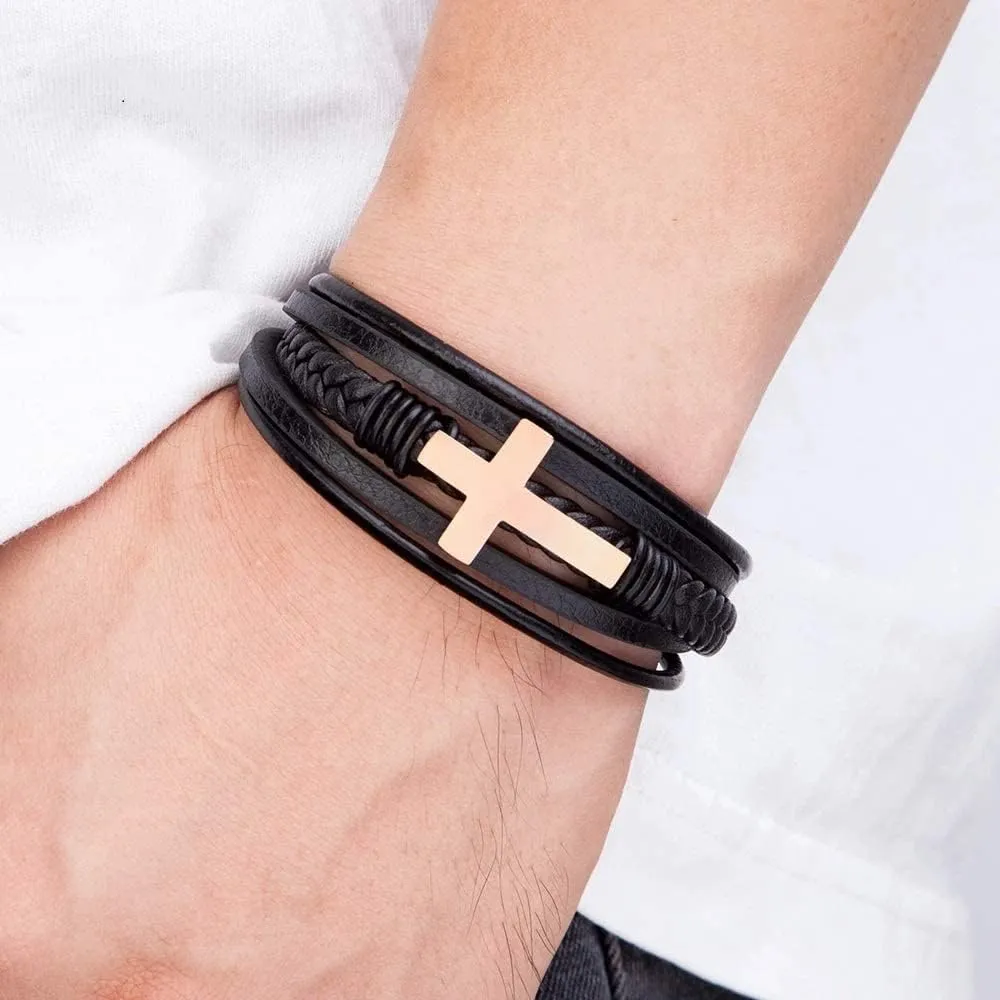 Multi-Layer Braided Leather Bracelets with Magnetic Clasp Mens Cuff Bracelets for Men Genuine Leather Bracelet Religious Leather Bracelets decorate Gift