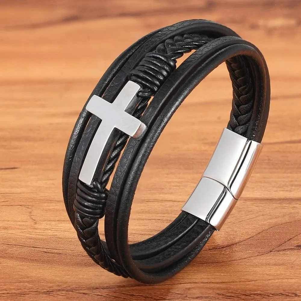 Multi-Layer Braided Leather Bracelets with Magnetic Clasp Mens Cuff Bracelets for Men Genuine Leather Bracelet Religious Leather Bracelets decorate Gift