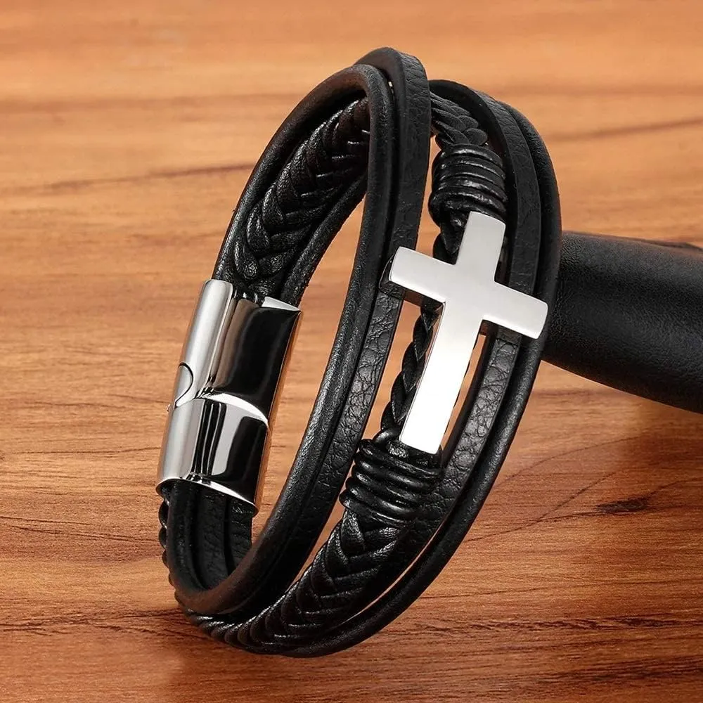 Multi-Layer Braided Leather Bracelets with Magnetic Clasp Mens Cuff Bracelets for Men Genuine Leather Bracelet Religious Leather Bracelets decorate Gift
