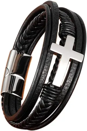 Multi-Layer Braided Leather Bracelets with Magnetic Clasp Mens Cuff Bracelets for Men Genuine Leather Bracelet Religious Leather Bracelets decorate Gift