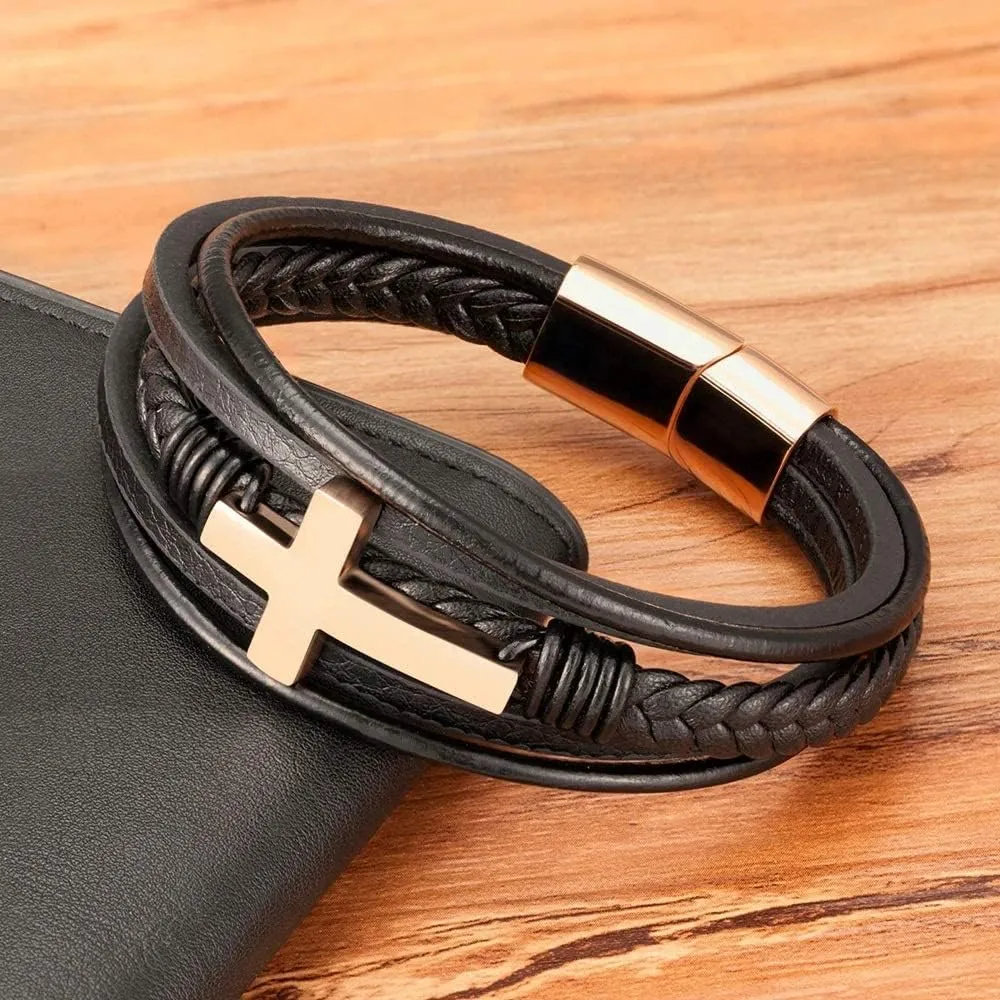 Multi-Layer Braided Leather Bracelets with Magnetic Clasp Mens Cuff Bracelets for Men Genuine Leather Bracelet Religious Leather Bracelets decorate Gift