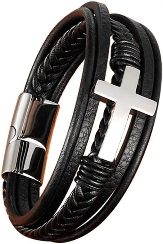 Multi-Layer Braided Leather Bracelets with Magnetic Clasp Mens Cuff Bracelets for Men Genuine Leather Bracelet Religious Leather Bracelets decorate Gift
