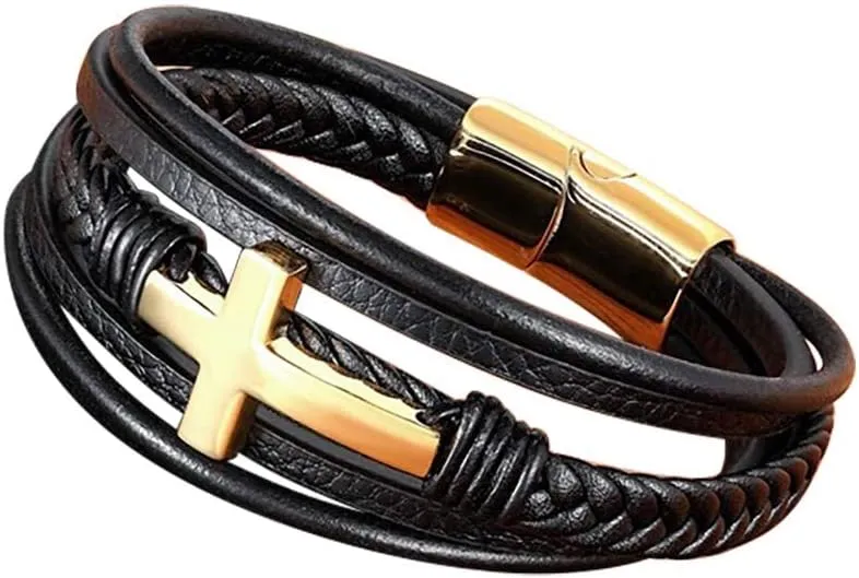 Multi-Layer Braided Leather Bracelets with Magnetic Clasp Mens Cuff Bracelets for Men Genuine Leather Bracelet Religious Leather Bracelets decorate Gift