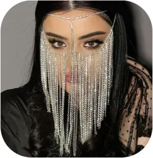 Multi-layered Rhinestone Tassel Chain Mask for Women Cosplay Crystal Face Body Chain Custumes Festival Rave Masks Jewelry