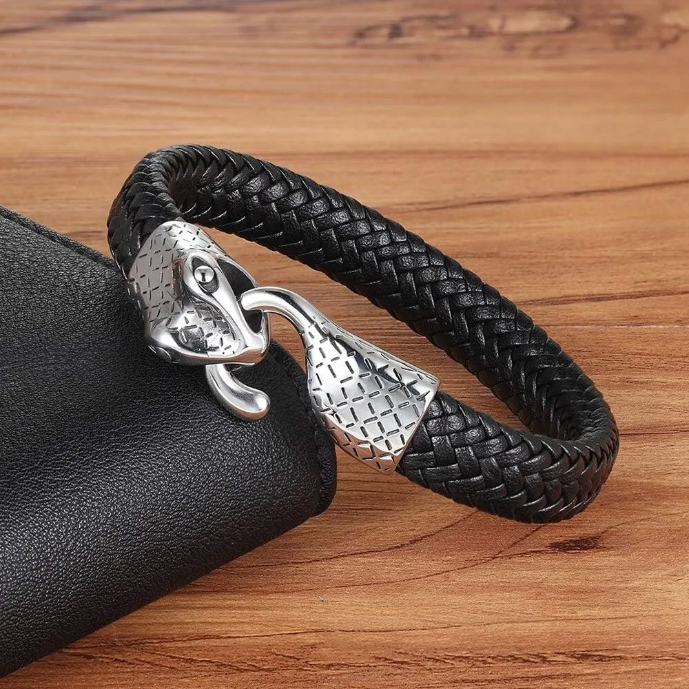 Multi-layers Handmade Braided Leather Bracelet & Bangle For Men Stainless Steel Charm Fashion Bangles Gifts PE065 (19cm)