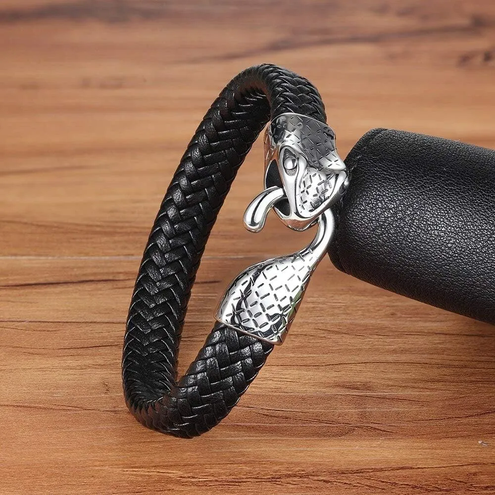 Multi-layers Handmade Braided Leather Bracelet & Bangle For Men Stainless Steel Charm Fashion Bangles Gifts PE065 (19cm)