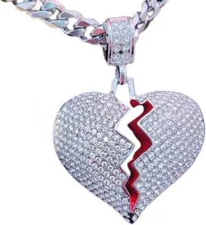 N-Made Beautiful Broken Heart Pendant Necklace, Iced Out for Men and Women, Hip Hop 316L Stainless Steel Chain