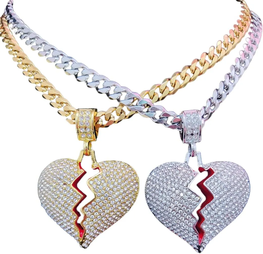 N-Made Beautiful Broken Heart Pendant Necklace, Iced Out for Men and Women, Hip Hop 316L Stainless Steel Chain