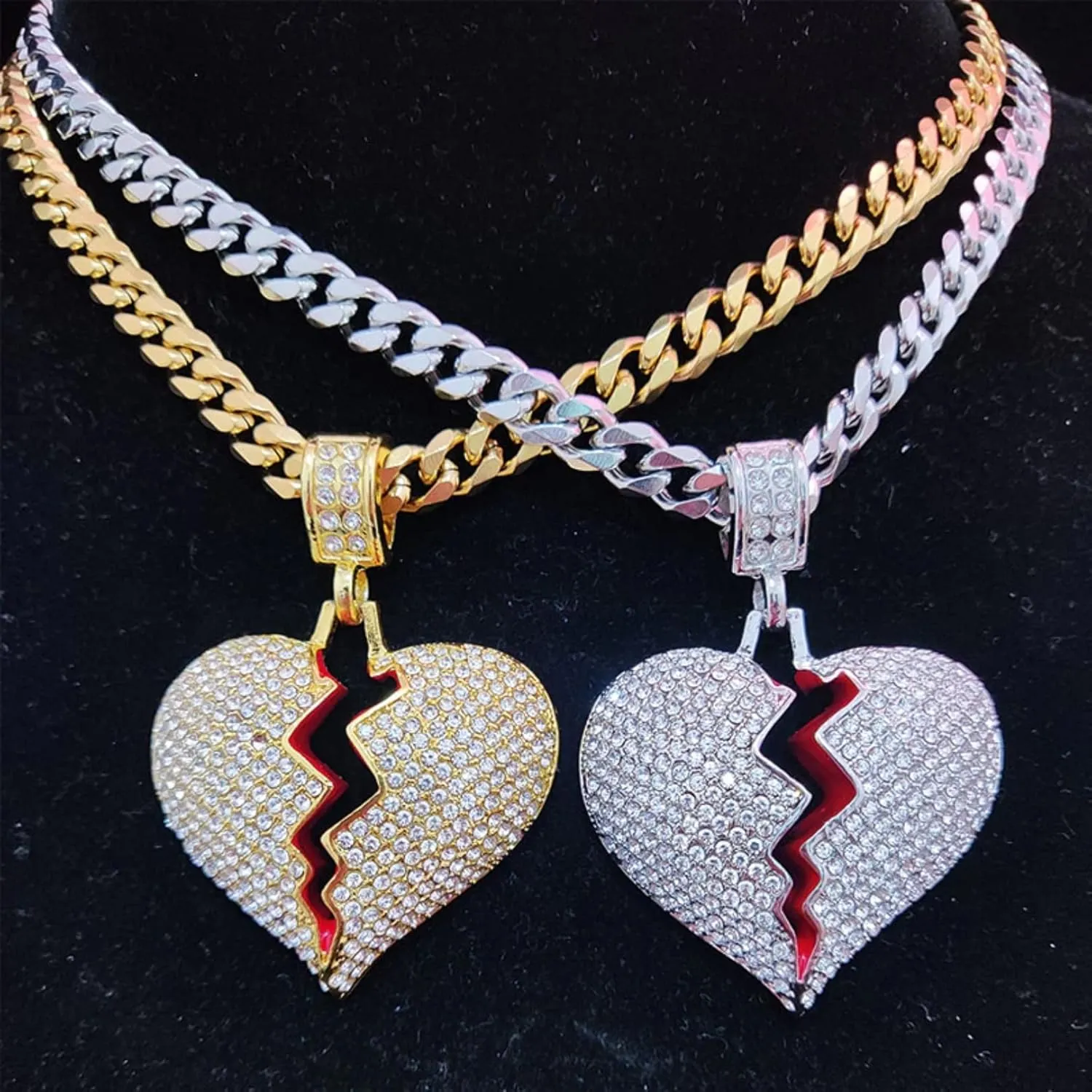 N-Made Beautiful Broken Heart Pendant Necklace, Iced Out for Men and Women, Hip Hop 316L Stainless Steel Chain