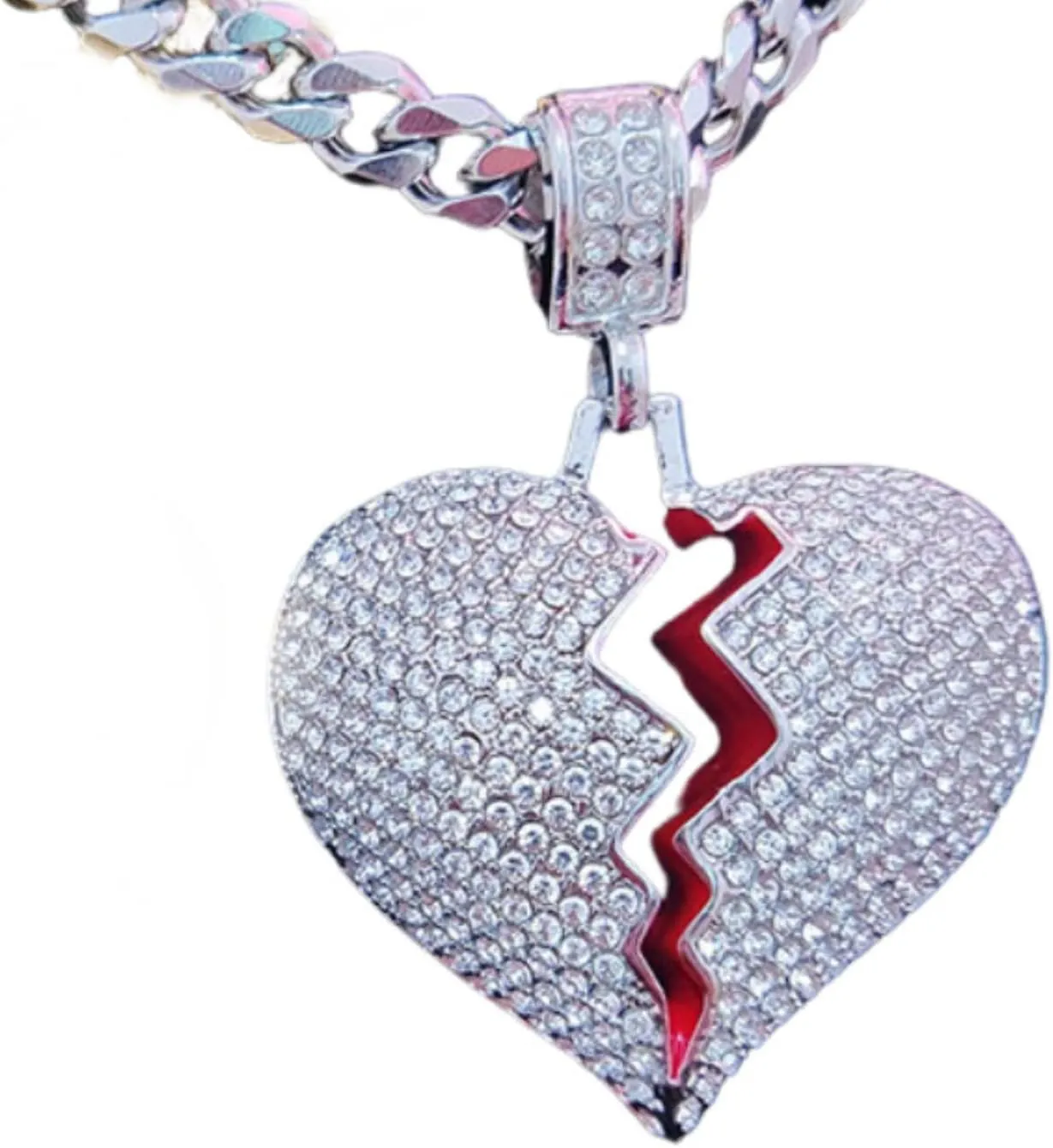 N-Made Beautiful Broken Heart Pendant Necklace, Iced Out for Men and Women, Hip Hop 316L Stainless Steel Chain