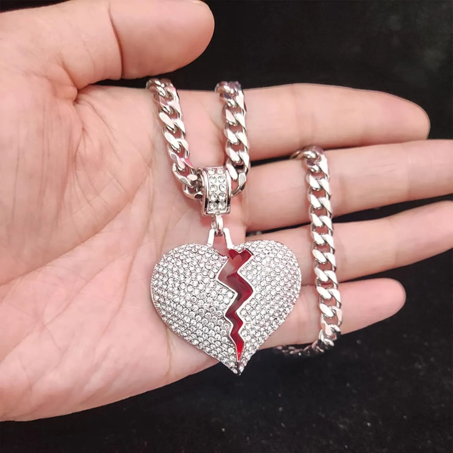 N-Made Beautiful Broken Heart Pendant Necklace, Iced Out for Men and Women, Hip Hop 316L Stainless Steel Chain