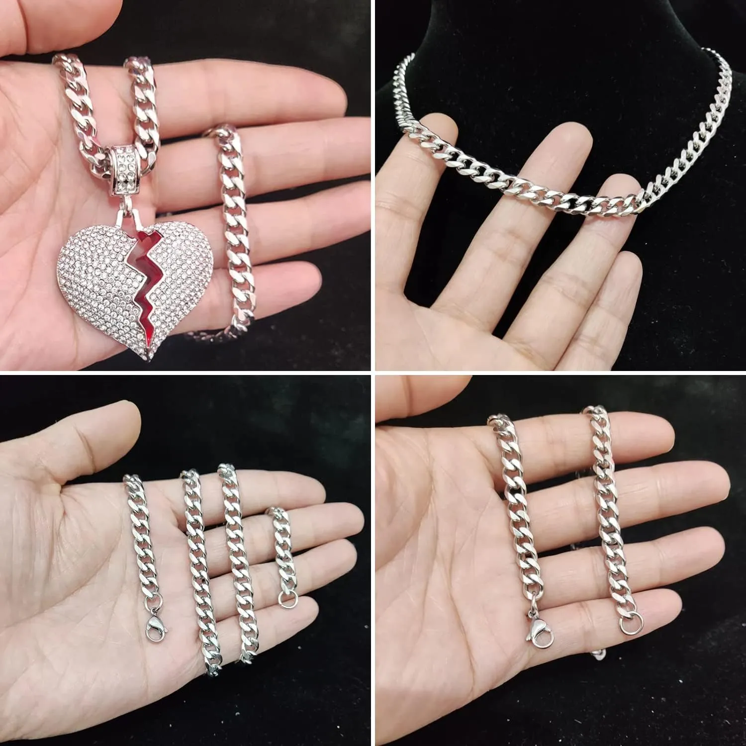 N-Made Beautiful Broken Heart Pendant Necklace, Iced Out for Men and Women, Hip Hop 316L Stainless Steel Chain