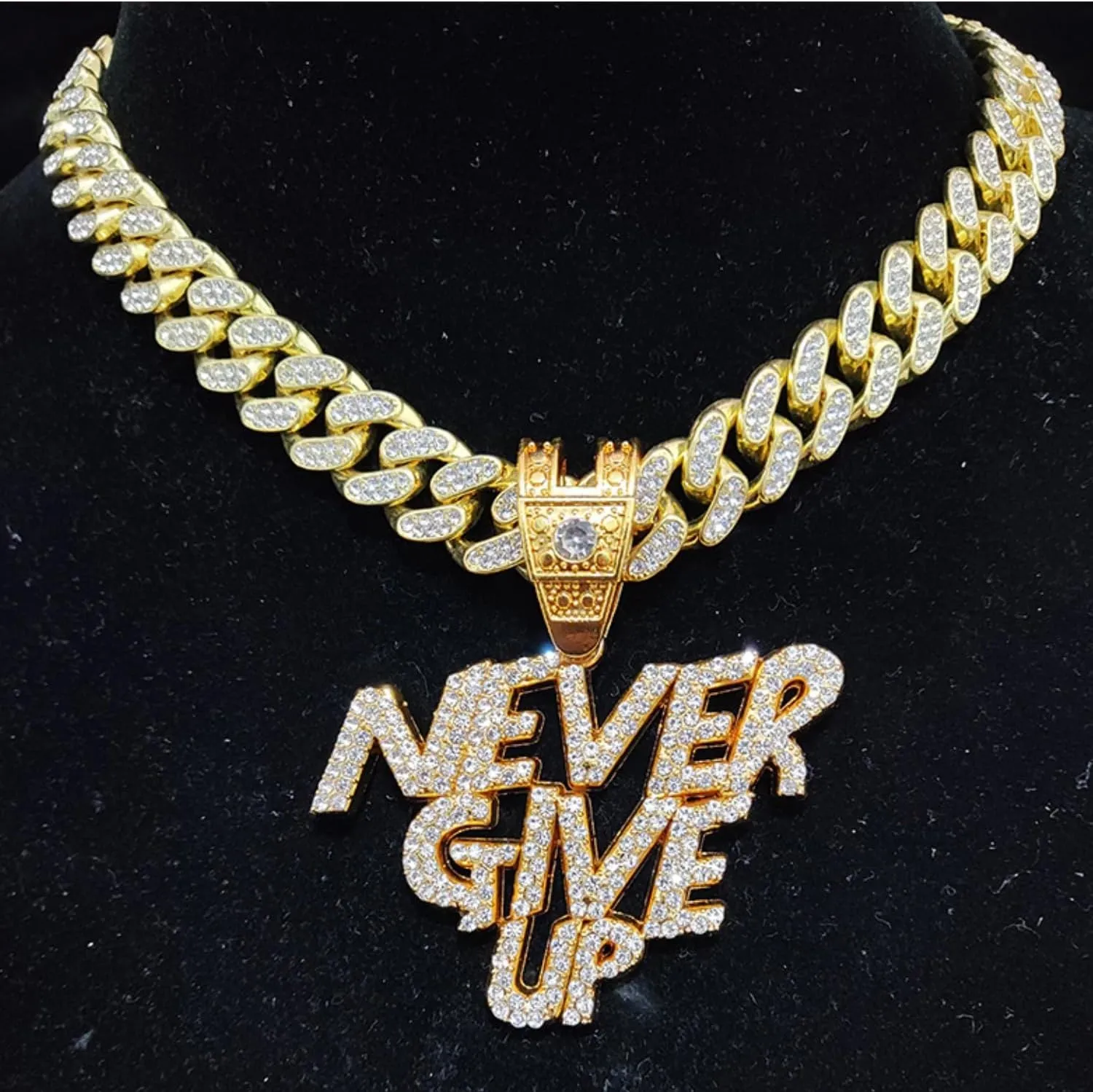 N-Made Beautiful Hip Hop Never Give Up Iced Out Pendant Necklace, Cuban Chain Width 13mm