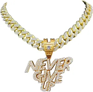 N-Made Beautiful Hip Hop Never Give Up Iced Out Pendant Necklace, Cuban Chain Width 13mm