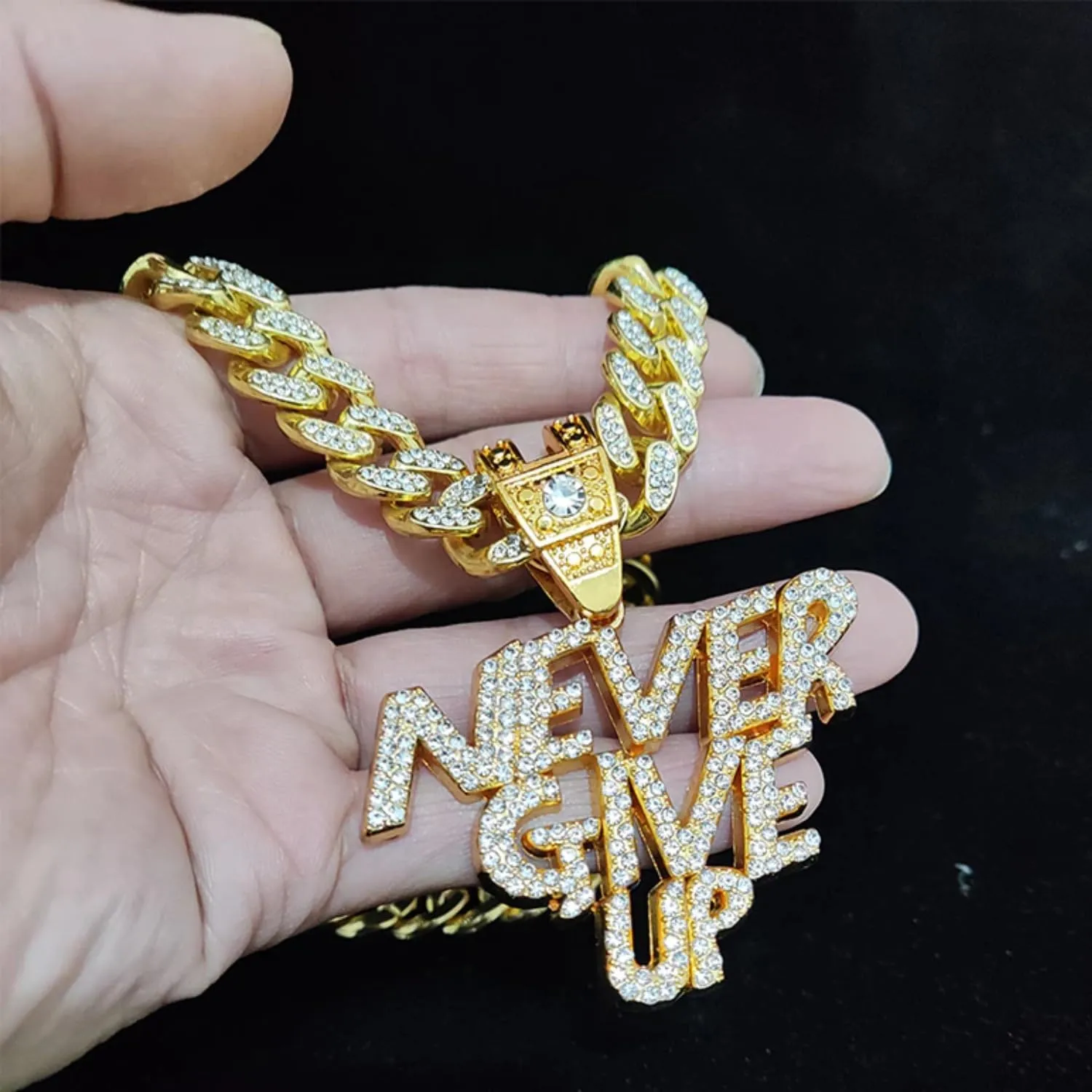 N-Made Beautiful Hip Hop Never Give Up Iced Out Pendant Necklace, Cuban Chain Width 13mm